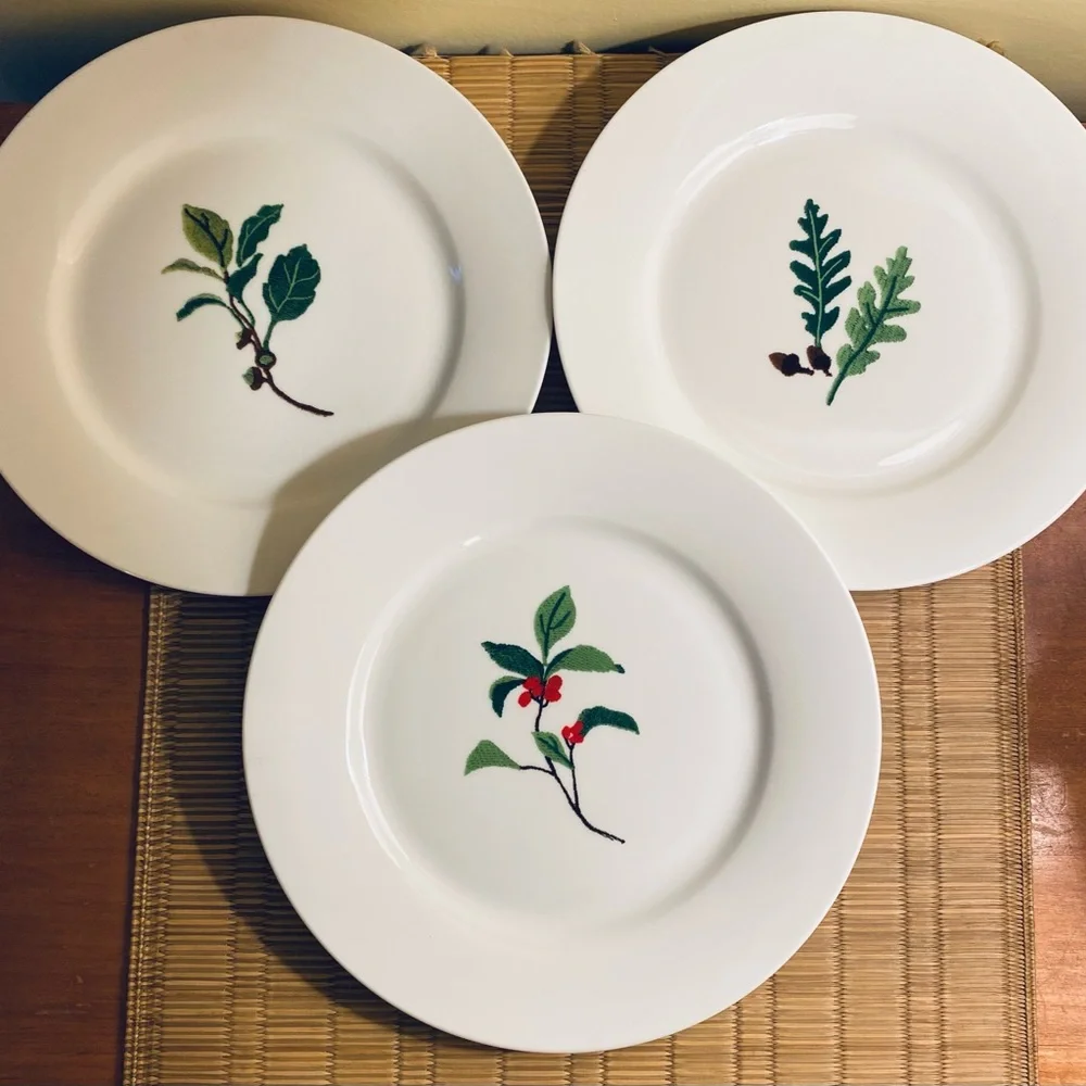 Crate and Barrel Salad Dessert Plates Set of 3 Sprigs Plates Botanical Plates